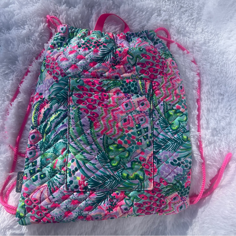 Lilly Pulitzer Pink & Green Quilted Drawstring Bag with Gold Logo